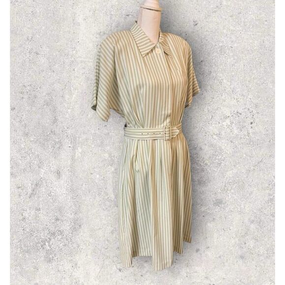 Vintage Penbrooke Lane Dress Womens 10 Green White Striped Button Up Belted Midi - Picture 7 of 12